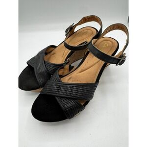 Clarks Women's Black Leather Cork Wedge Summer Sandals Platform Size 8 EUC SB19